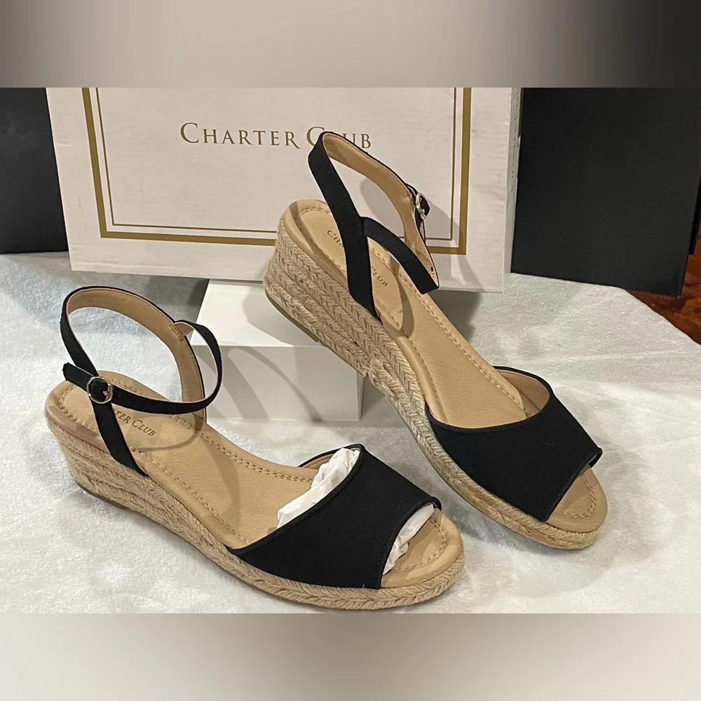 Charter Club Black Open-Toe Espadrille Wedge Sandals